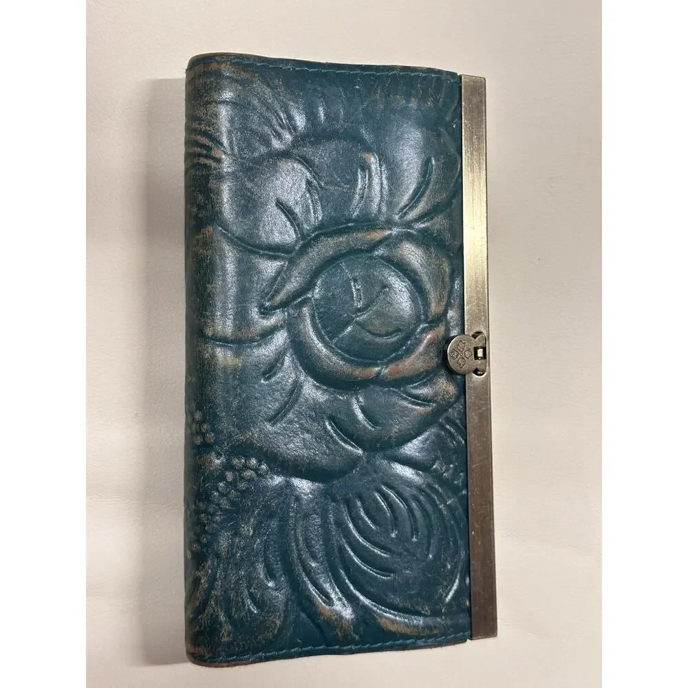 Patricia Nash Italian Leather Womens Floral Flower Hand Clutch Purse Dk Green